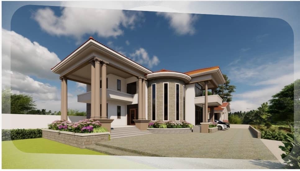 Classic residence render with columns and stone detailing
