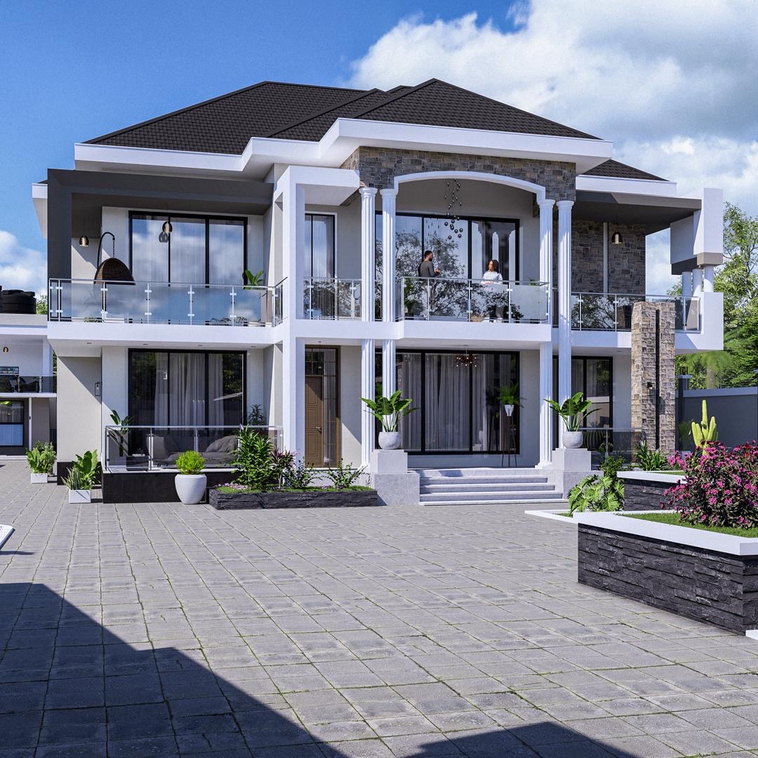 Luxury two-storey residence with balcony and stone facade